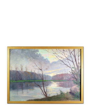 Full view of Louis Blanchard's sunrise landscape painting with its frame.