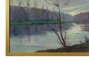 Detailed view of the reflection of trees in the water in the painting by Louis Blanchard.