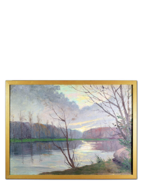 Full view of Louis Blanchard's sunrise landscape painting with its frame.