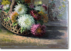 Antique French painting by Émile Boulard featuring a basket of flowers in a rustic countryside setting.