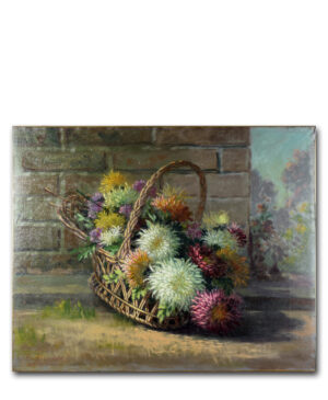 Antique French painting by Émile Boulard featuring a basket of flowers in a rustic countryside setting.