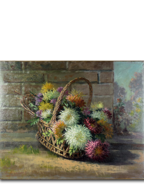 Antique French painting by Émile Boulard featuring a basket of flowers in a rustic countryside setting.