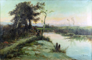 Full view of Francisco Blasco's landscape painting without its frame.