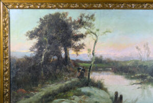 Detail of the trees by the water in Francisco Blasco's sunset landscape painting.