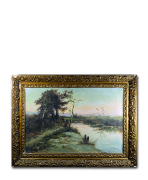 Full view of Francisco Blasco's sunset landscape painting with its original frame.