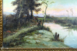 Close-up view of the figures standing by the water in Francisco Blasco's landscape painting.