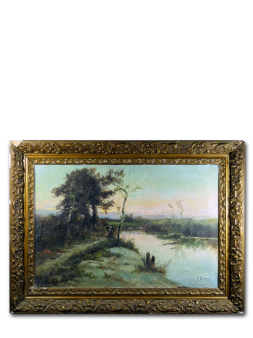 Full view of Francisco Blasco's sunset landscape painting with its original frame.