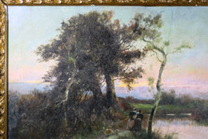 Close-up of the lush vegetation and trees in Francisco Blasco's sunset landscape painting.