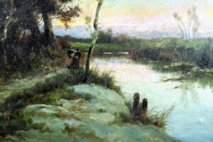 Detail showing the calm water and figures at the edge of the scene in Francisco Blasco's sunset landscape painting.