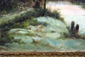 Close-up of the ground near the water in Francisco Blasco's sunset landscape painting.