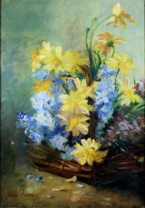 View of Jeanne Amen's painting without its frame, showcasing a basket of yellow and blue flowers.