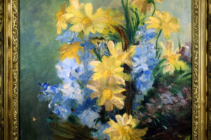 Close-up of light interaction with flowers in Jeanne Amen's painting.