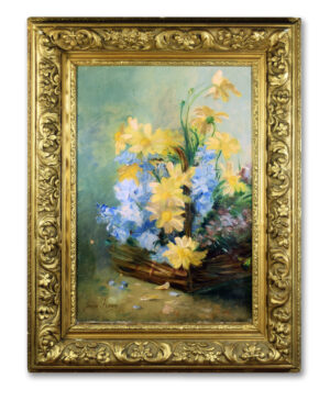 Main view of Jeanne Amen's painting showing a basket of yellow and blue flowers.