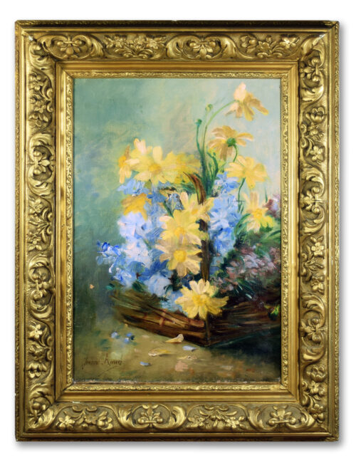 Main view of Jeanne Amen's painting showing a basket of yellow and blue flowers.