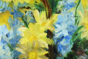 Close-up detail of yellow flowers in Jeanne Amen's painting.