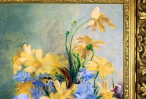 Close-up detail of background flowers in Jeanne Amen's painting.