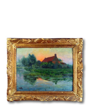 Full view of Jules Joets' antique painting, featuring a sunset over a tranquil waterscape.