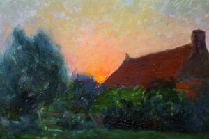 Detail of the sunset colors in Jules Joets' painting, featuring a vibrant palette.