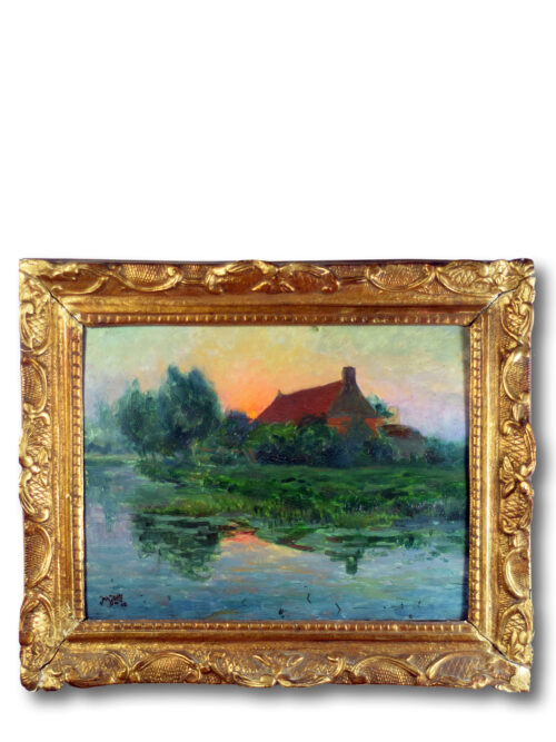 Full view of Jules Joets' antique painting, featuring a sunset over a tranquil waterscape.