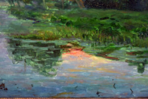 Detail of the water in Jules Joets' painting, with reflections of the sunset.