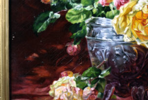 Detail of the deep red background in Jules Leroy's still life painting.