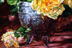 Detail of the pewter pitcher with a bust figure in Jules Leroy's painting.