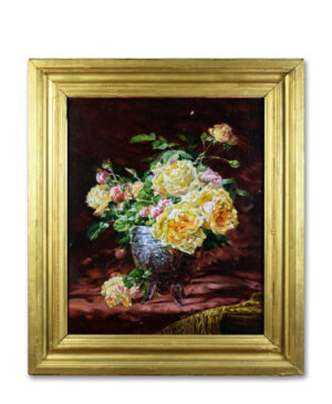 Full view of Jules Leroy's still life painting with white and yellow roses.