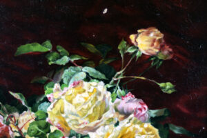 Detail of the white and yellow roses in Jules Leroy's painting.