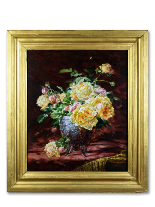 Full view of Jules Leroy's still life painting with white and yellow roses.