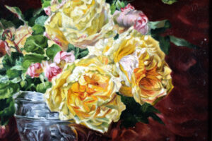 Detail of the white and yellow roses in Jules Leroy's still life painting.