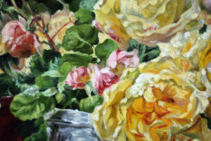 Detail of the rose petals in Jules Leroy's still life painting.