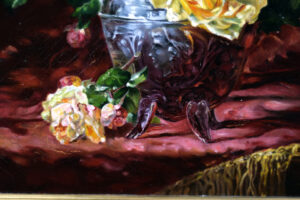 Detail of the green leaves in Jules Leroy's still life painting.