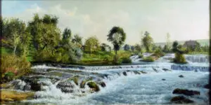 Full view of Victor Guillemin's oil on canvas painting depicting a complete bucolic landscape of the Doubs River.