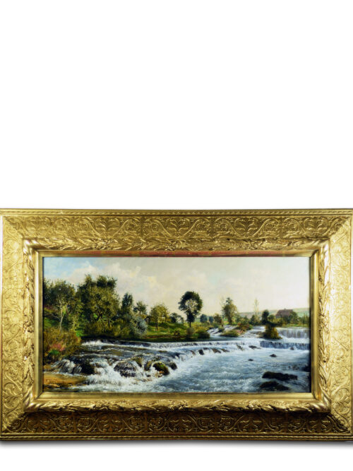 Main view of Victor Guillemin's oil on canvas painting depicting a bucolic landscape of the Doubs River with a house, lush trees, and vivid natural scenery.