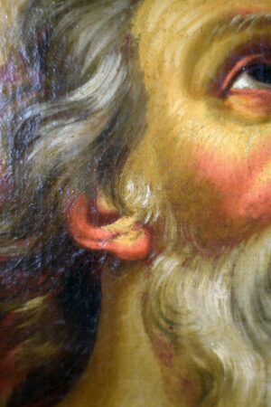 Close-up detail of the saint's ear in an 18th-century French or Italian school oil painting, showcasing intricate brushwork.