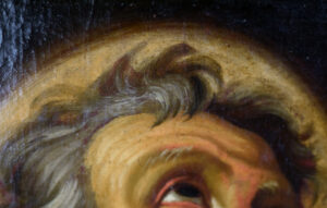 Close-up detail of the saint's forehead and hair in an 18th-century French or Italian school oil painting, highlighting the brushwork and texture.