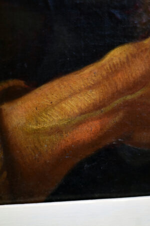 Close-up detail of the saint's veins in an 18th-century French or Italian school oil painting, highlighting the delicate brushwork and texture.