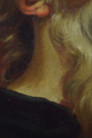 Close-up detail of the saint's neck in an 18th-century French or Italian school oil painting, highlighting the brushwork and texture.