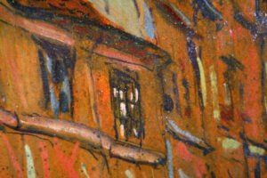 Close-up of a window in Robert Antoine Pinchon’s street scene painting.