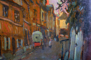 The horse-drawn carriage in the distance of the Rouen street scene painting.