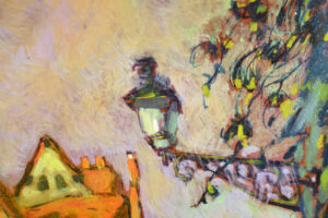 Close-up of the lamp post featured in the street scene painting.