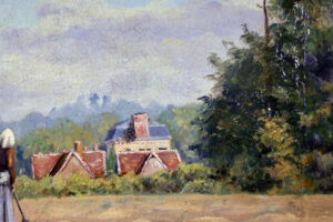 Close-up of the houses in the background of the painting, set in a serene countryside landscape.